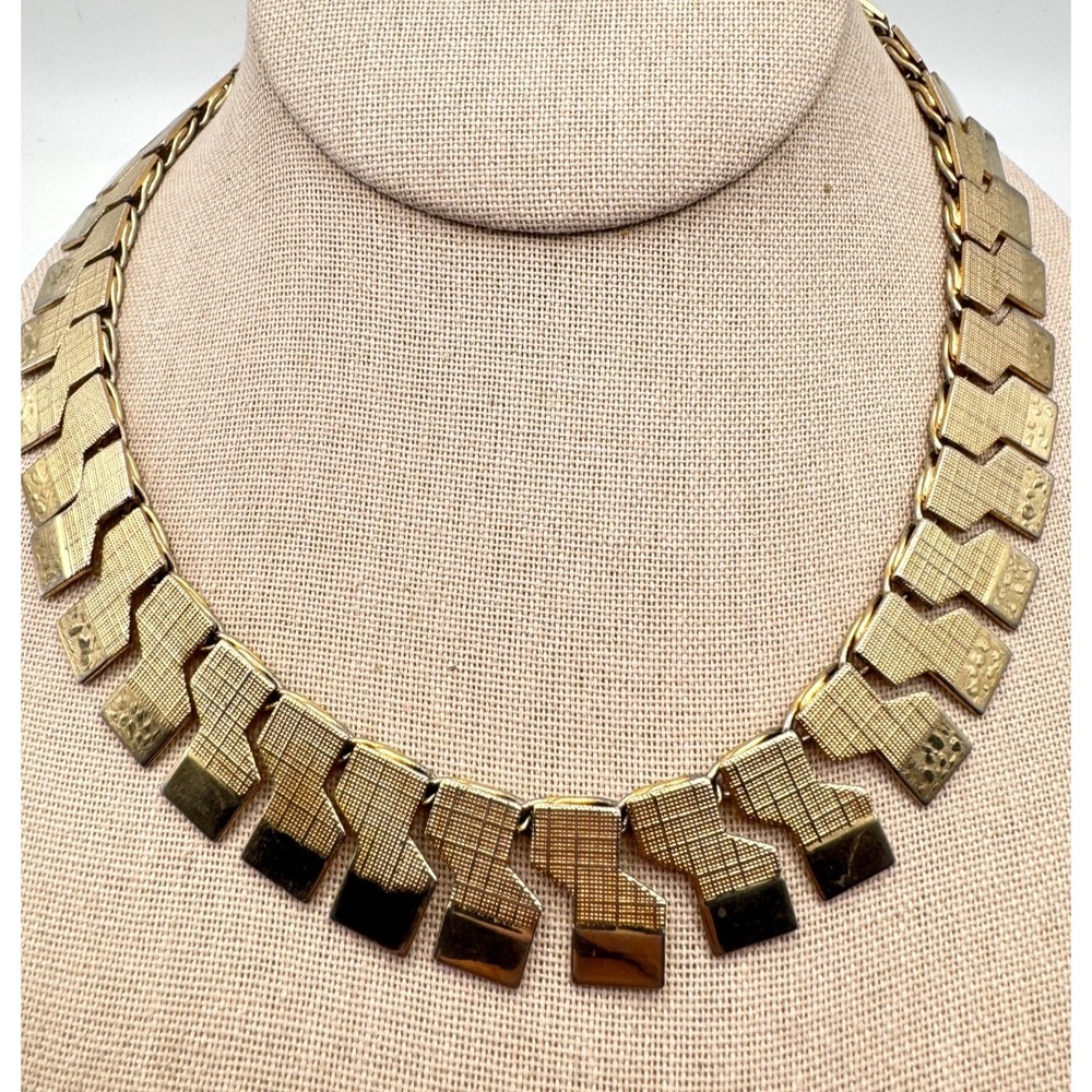 Vintage Brutalist Necklace Brick Geometric Link Statement Choker Collar Egyptian